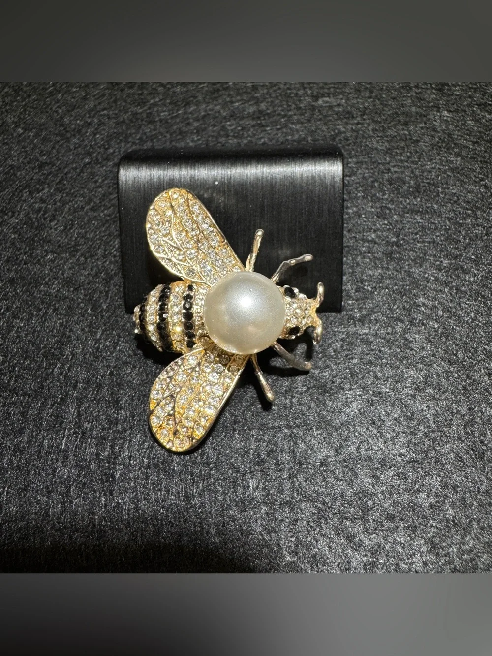 Gold Bee Brooch with Pearl Accent and Clear/Black Crystals